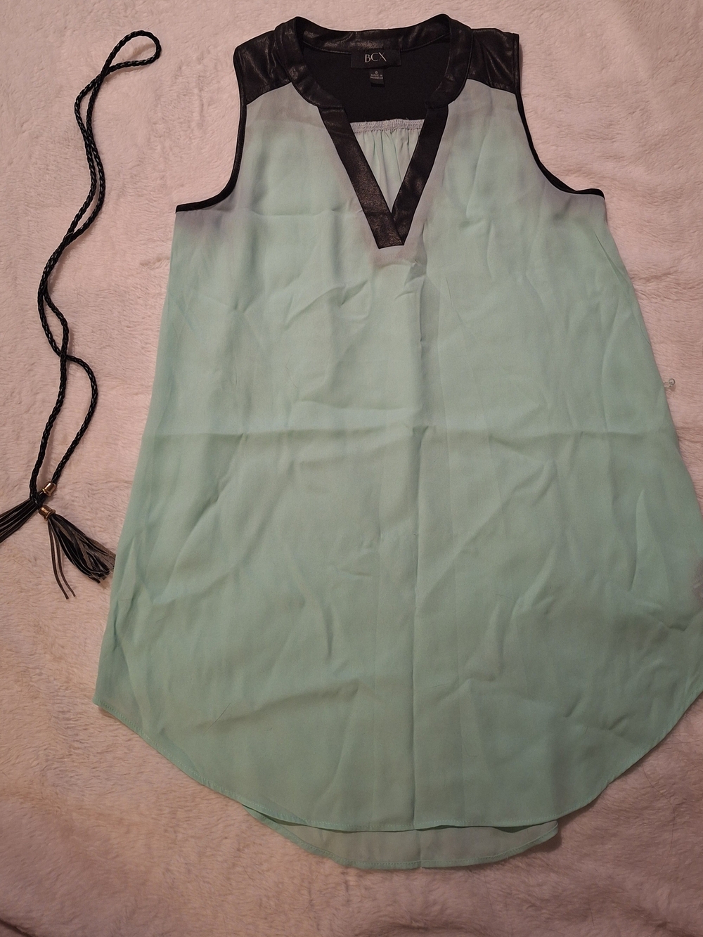 BCX Mint Green Sleeveless Blouse with Black Faux-Leather Trim